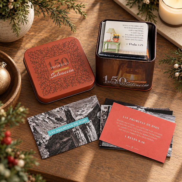 Una caja metálica de 150 promesas de salvación con tarjetas de promesas de Dios, sobre una mesa de madera con adornos navideños.