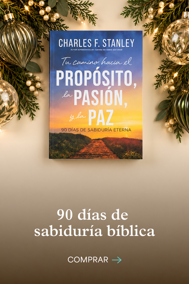 Tu camino hacia el propósito, la pasión y la paz, de Charles F. Stanley, entre adornos navideños. 90 días de sabiduría bíblica. Comprar.