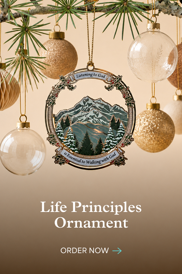 A Life Principles ornament showing a snowy mountain and evergreens, hanging among glass and gold Christmas ornaments. Life Principles ornament. Order now.