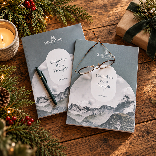 Two Charles Stanley Institute study guides titled Called to Be a Disciple, with reading glasses and a pen on a wooden table among Christmas greenery.