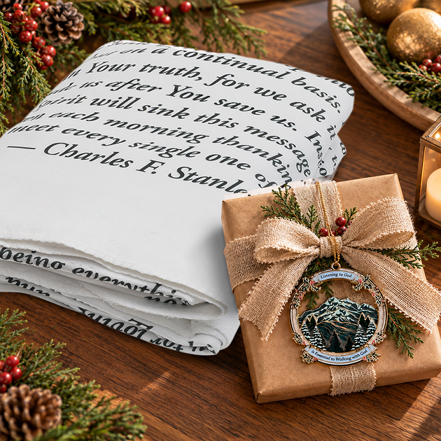 A folded white blanket printed with a Charles F. Stanley prayer, and a gift wrapped in kraft paper with a burlap bow and a Life Principles ornament, among Christmas greenery.
