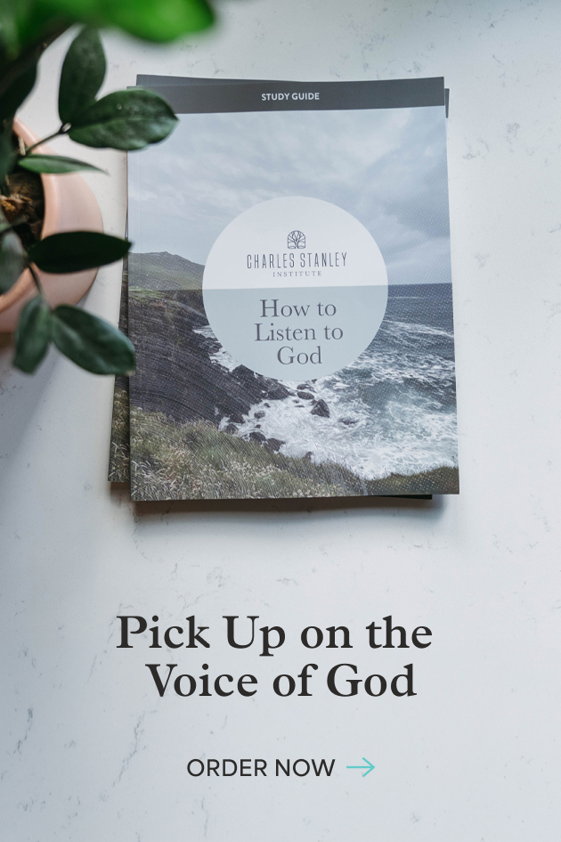 How to Listen to God, a Charles Stanley Institute study guide with a coastal cliff and ocean on the cover, beside a potted plant. Pick up on the voice of God. Order now.